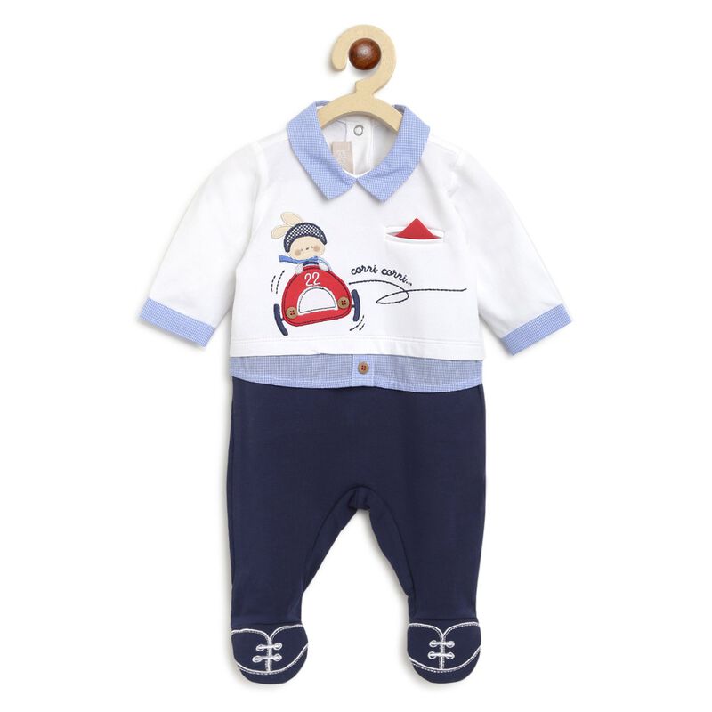 Boys Medium Blue Printed Nappy Opening Babysuit image number 0